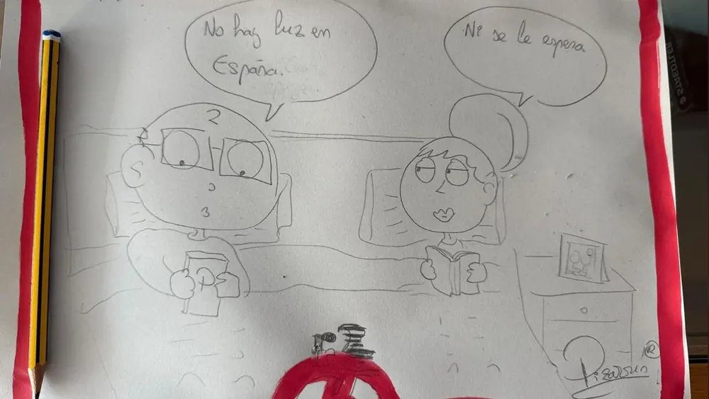Dibujo a lápiz de dos personajes sentados durante el apagón: «No hay luz en España». «Ni se le espera».