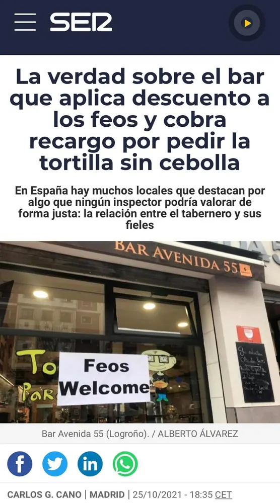 Fachada de Avenida 55 en una pieza de Cadena SER sobre el Día del Feo y el descuento a clientes.