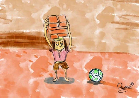 Ilustración de Pizarrín: un niño sostiene una carga de ladrillos sobre la cabeza mientras un balón descansa a su lado.