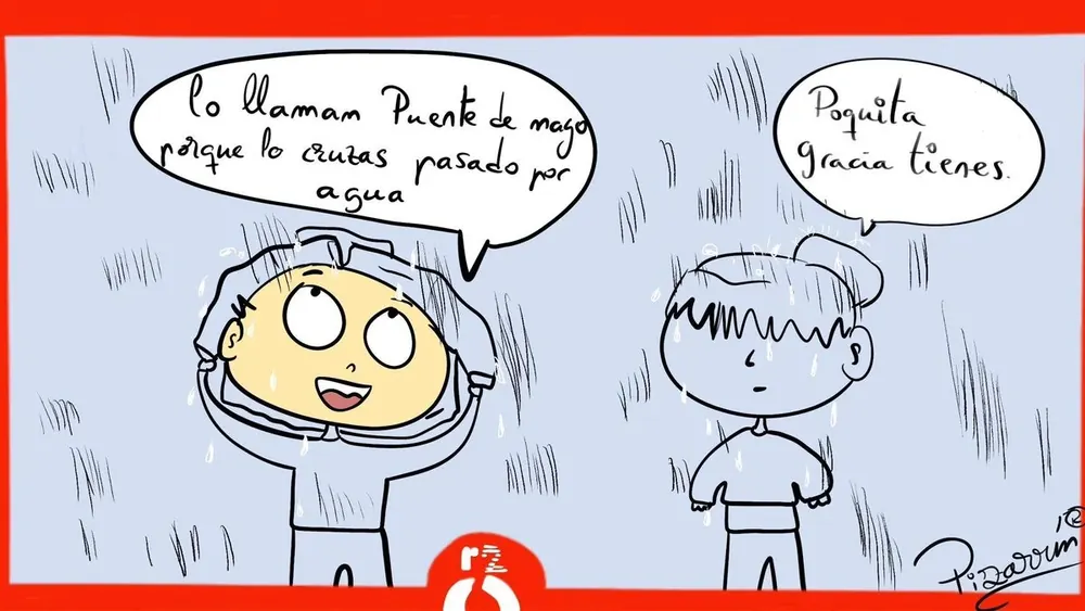 Dos personajes bajo la lluvia. Él dice: «Lo llaman Puente de mayo porque lo cruzas pasado por agua». Ella responde: «Poquita gracia tienes».