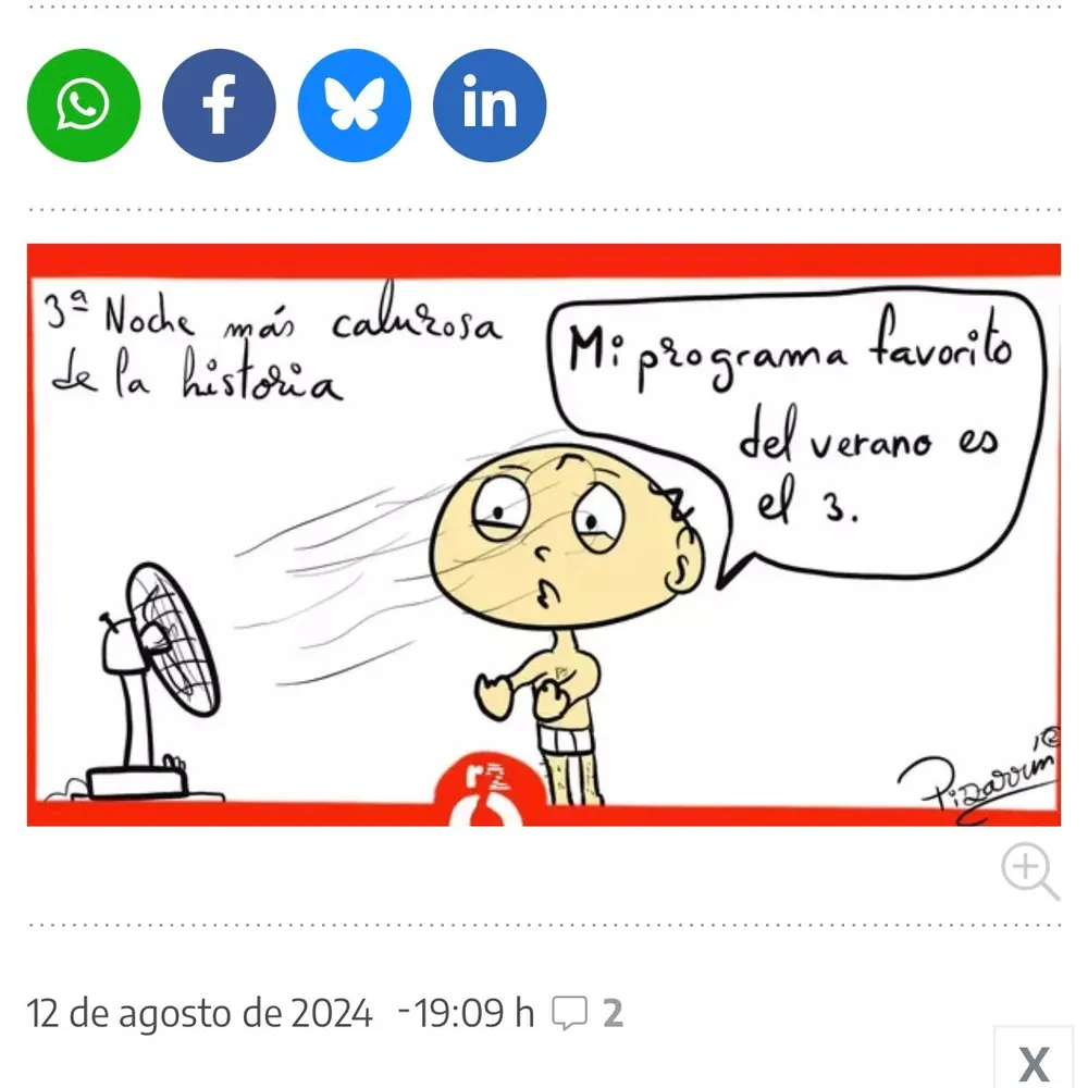 Captura de una viñeta de Pizarrín: un personaje frente a un ventilador dice que su programa favorito del verano es el 3.